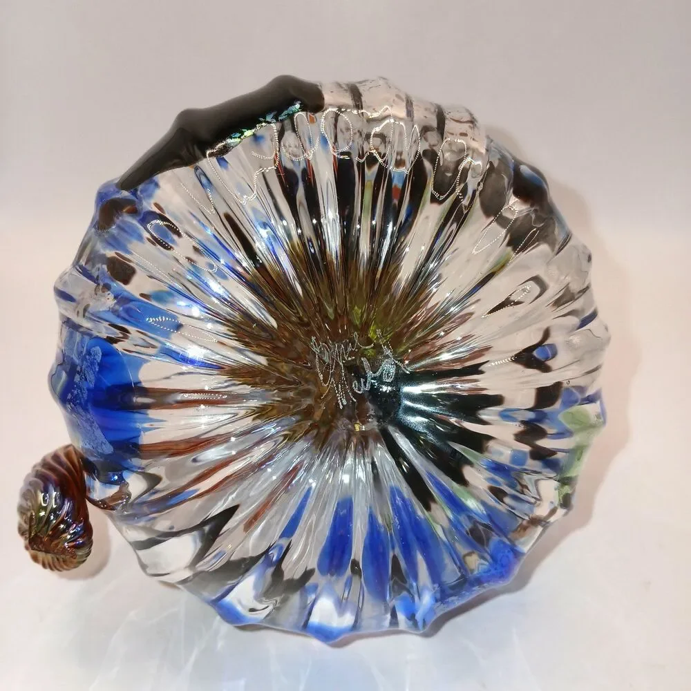 Studio Art Glass Signed Hand Blown  Pumpkin Sculpture Blue Black & Gold 5 in